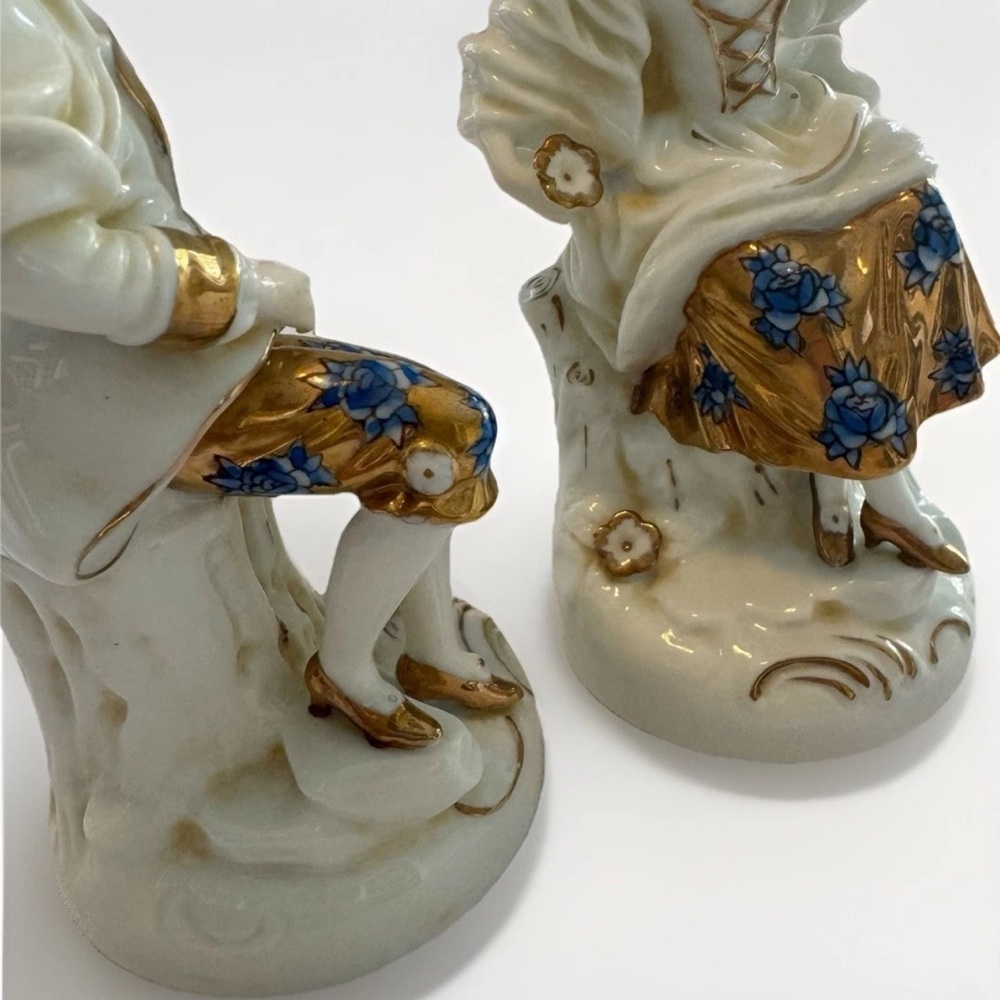 Antique Couple Figurines Victorian Courting Hand Painted & SIGNED Gold & Blue - Picture 10 of 13